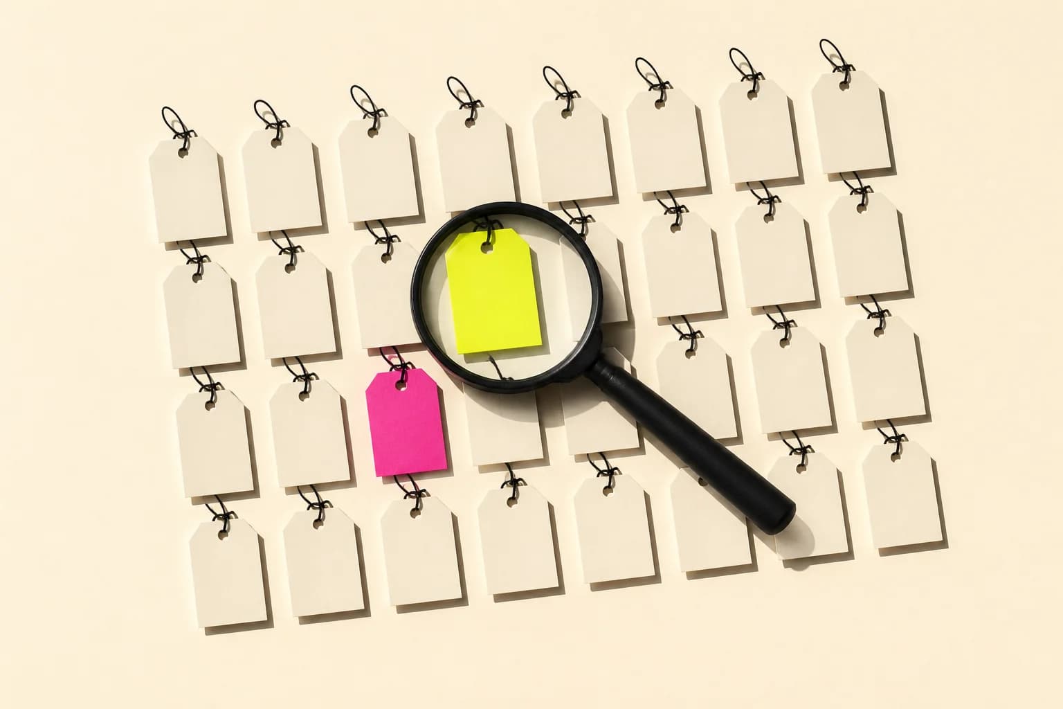A black magnifying glass resting over a grid of blank paper price tags, magnifying a single yellow tag.