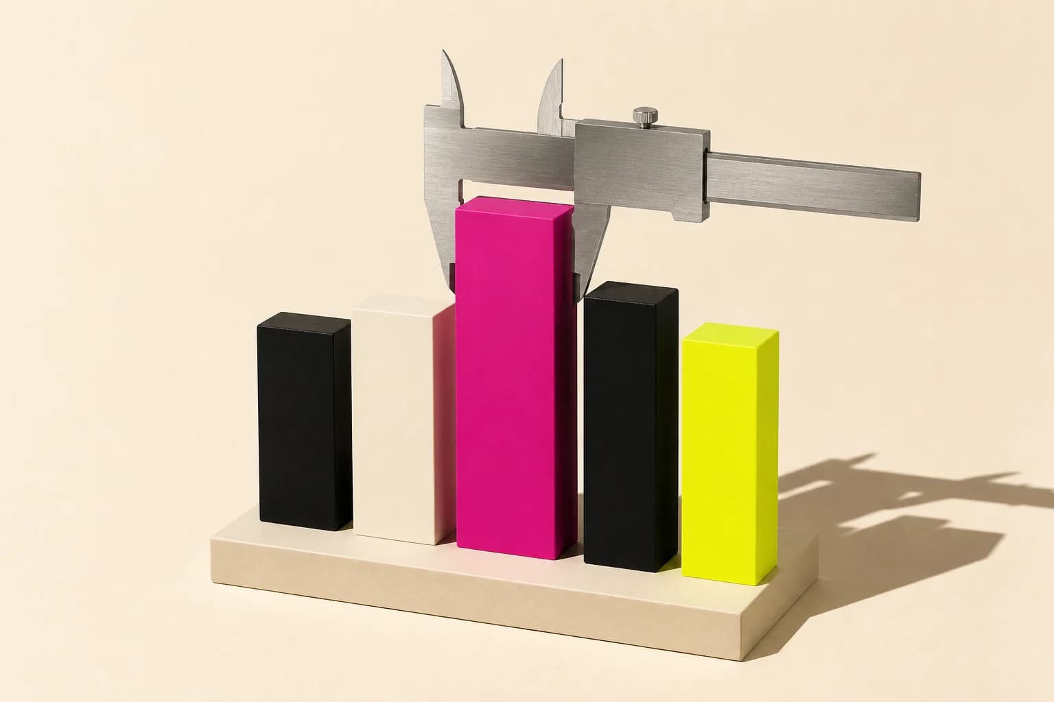 Steel calipers measuring one block of a physical bar-chart sculpture made of black, cream, magenta and yellow blocks.