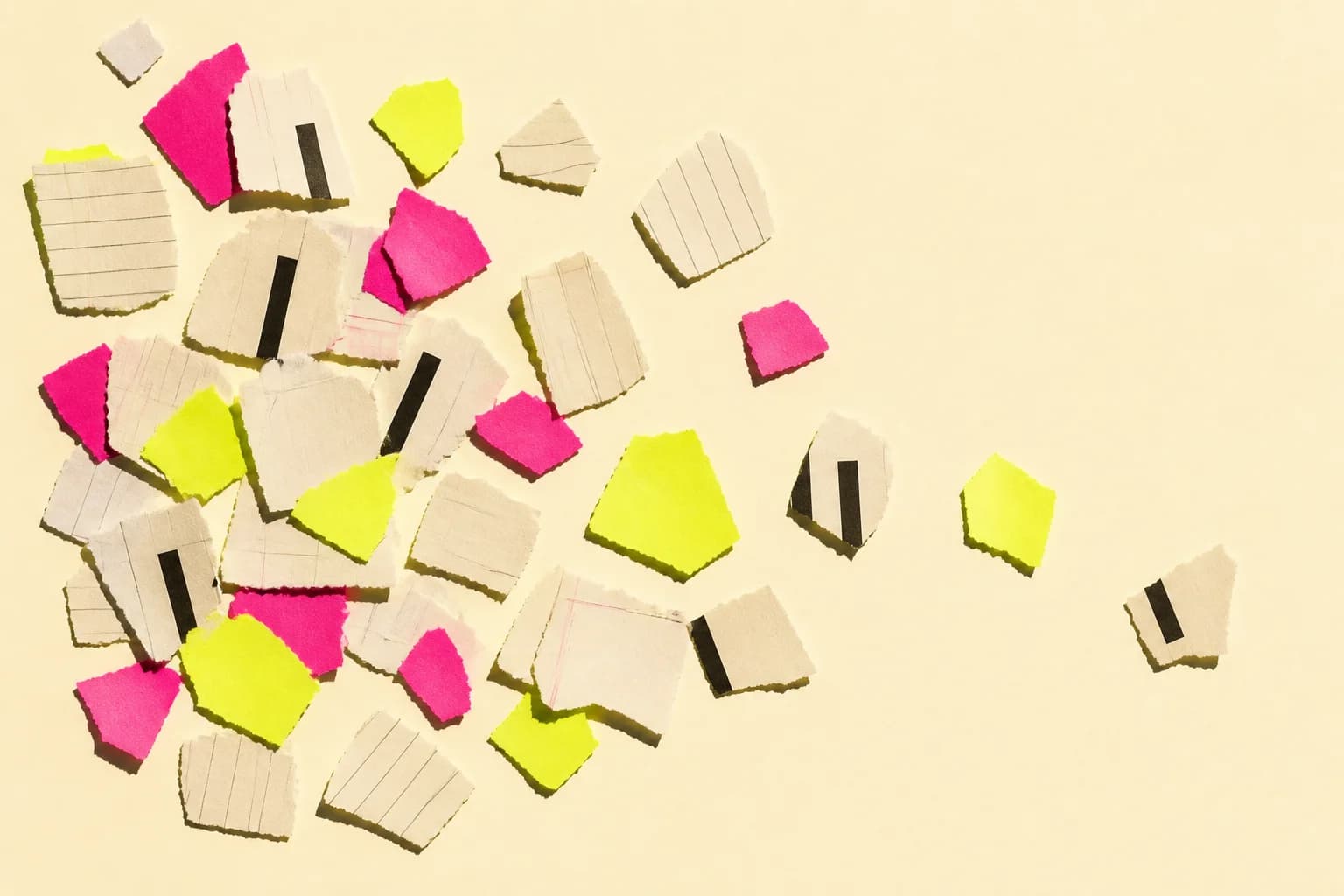 Torn scraps of blank ledger paper and chart fragments scattered across a cream surface.