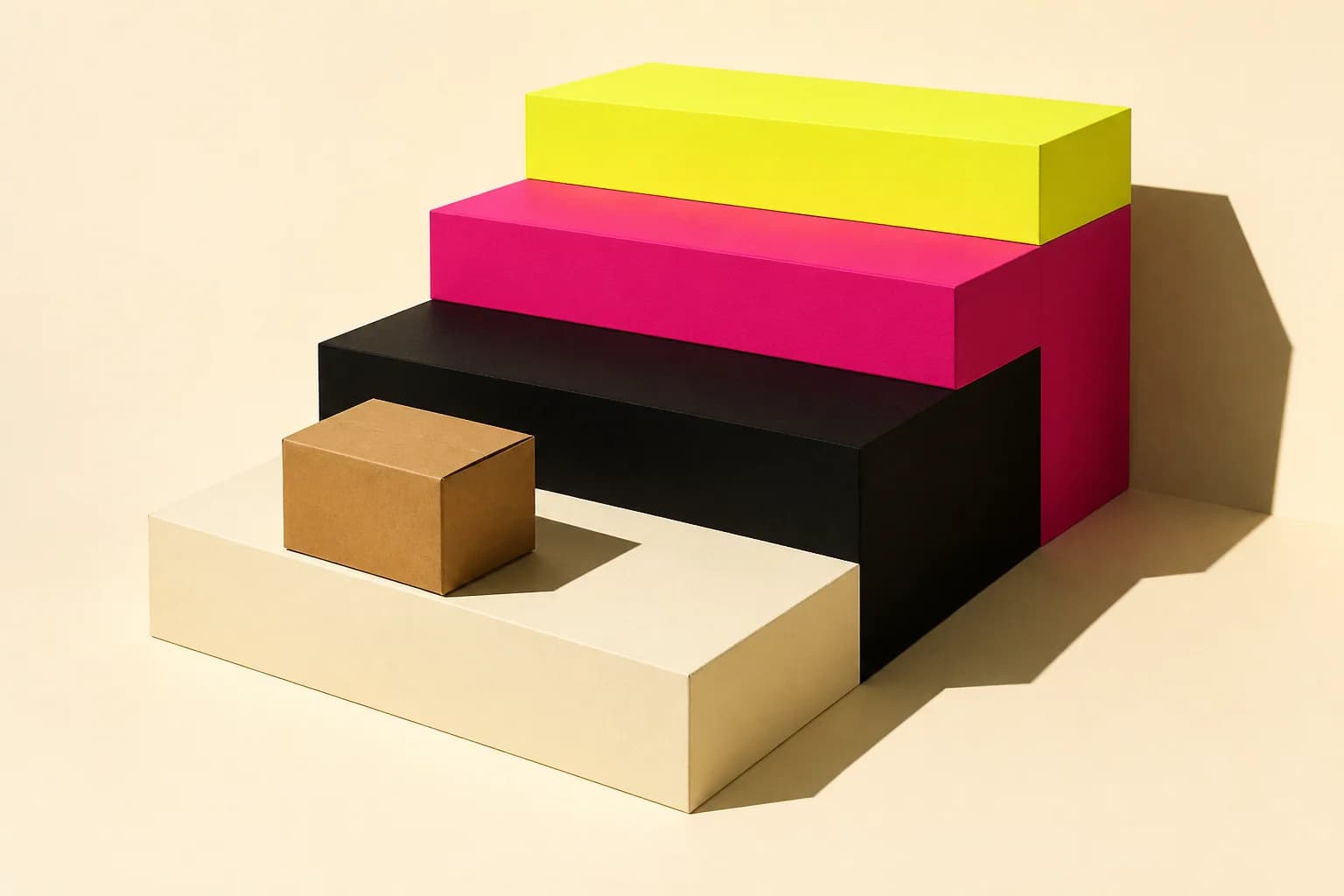A plain cardboard carton at the foot of four sculptural steps in cream, black, magenta and neon yellow.