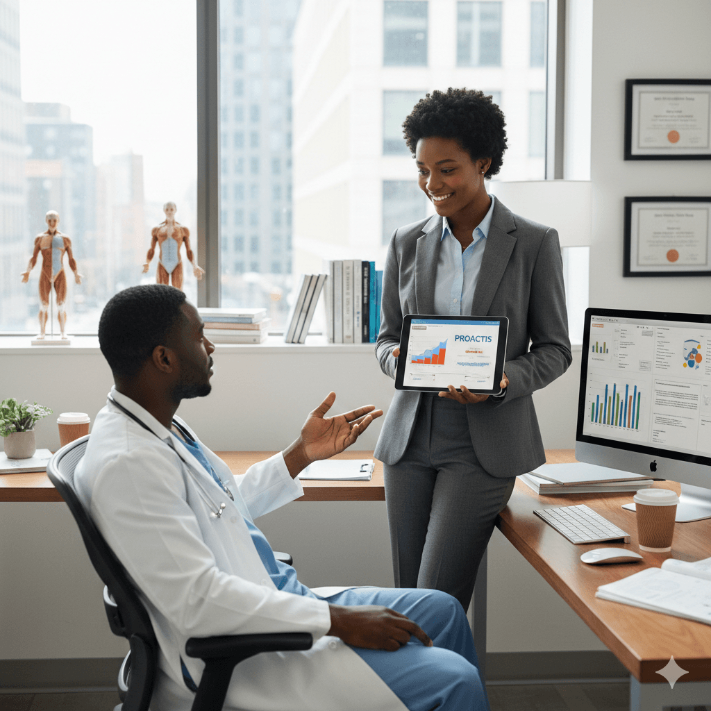 Sales rep detailing materials and leave-behinds